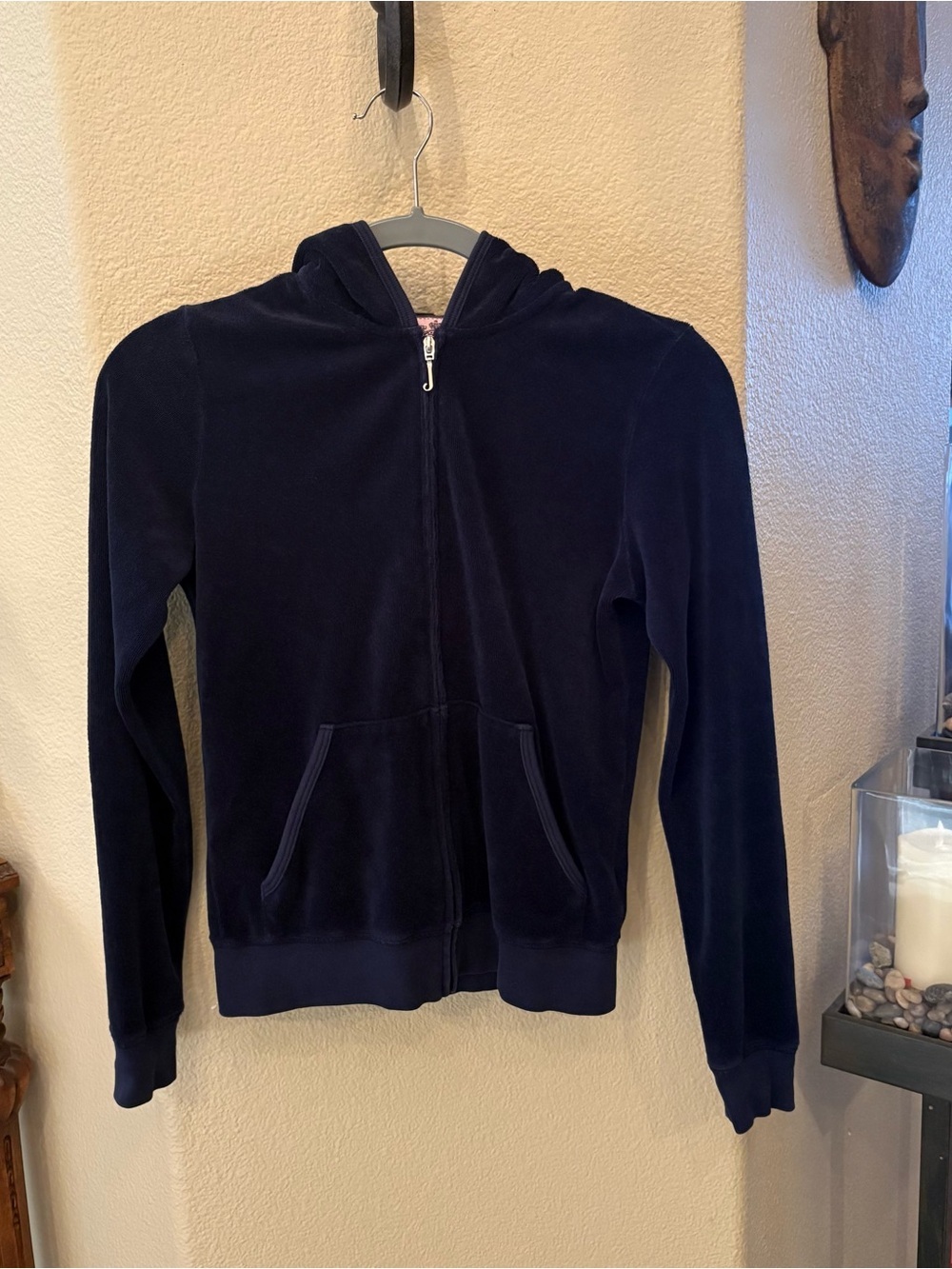 Vintage Juicy Couture Dark Navy Hooded Velour Zip Y2K Jacket Size Medium